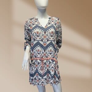 En Elly Womens Top Tunic Dress Multi-Color Floral Pattern Roll Tab Sleeves Sz L
